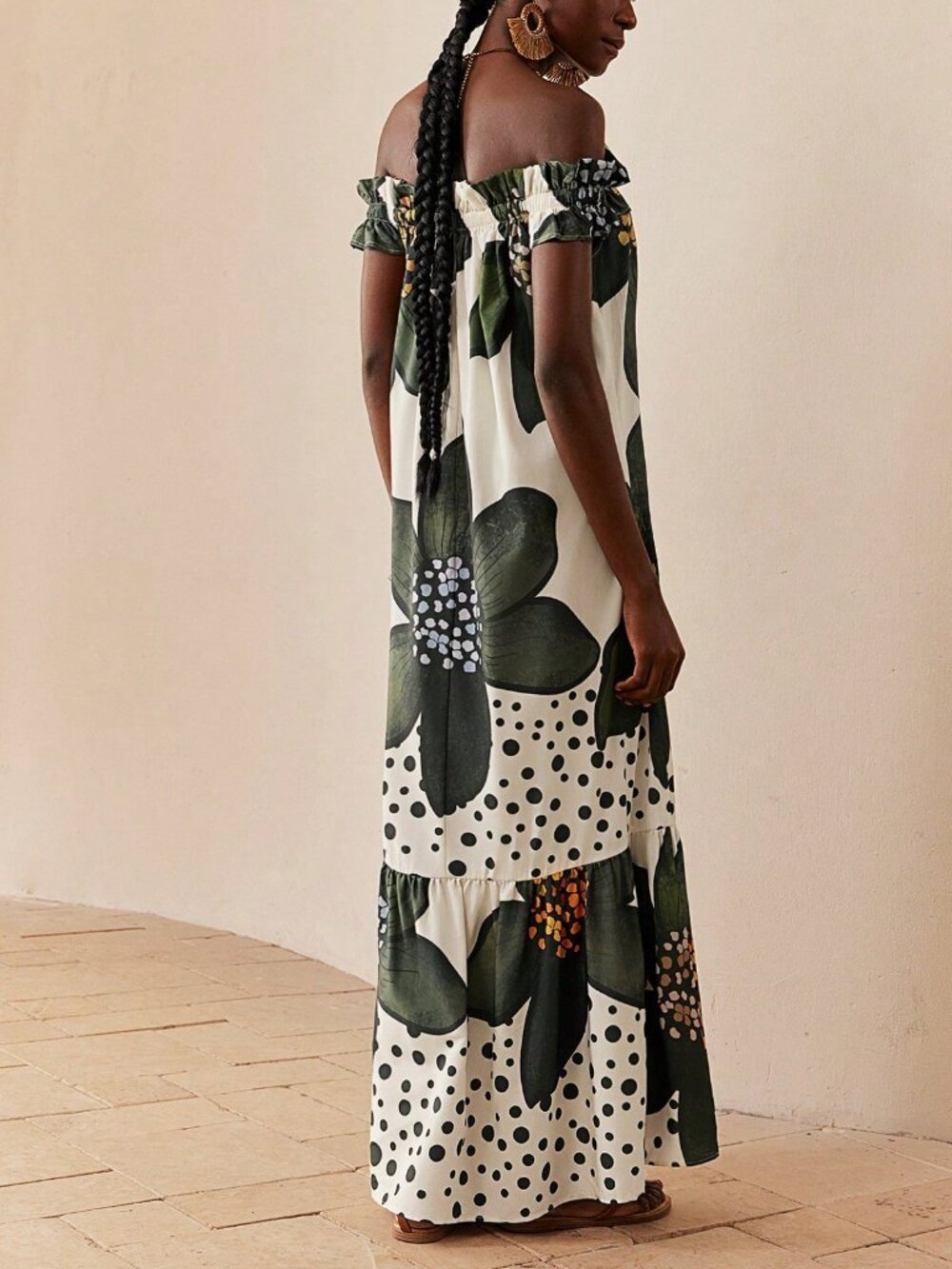 Multicolor Boho Women's Floral Print Off-Shoulder maxi Dress - Picture 2 of 7